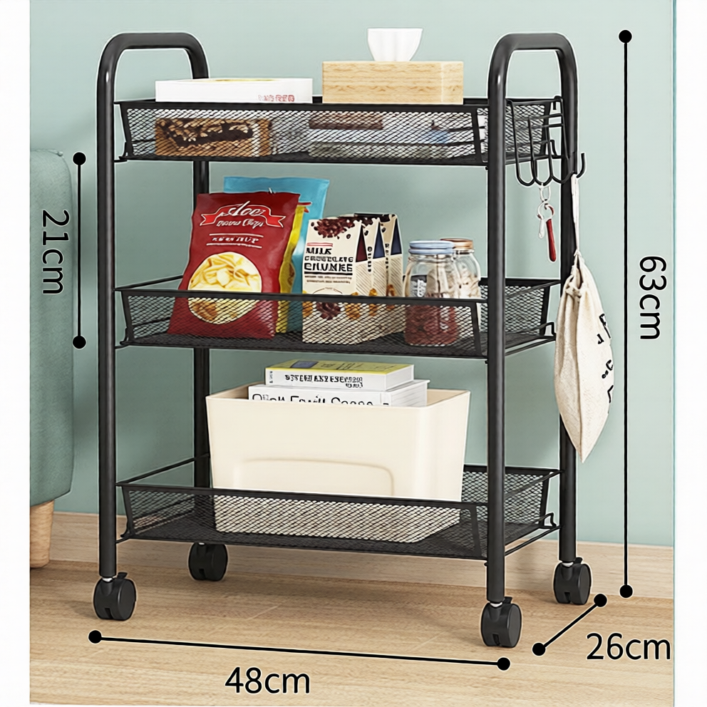3 Layers Steel Storage Shelve ( Black+ White)With Wheels - Image 2