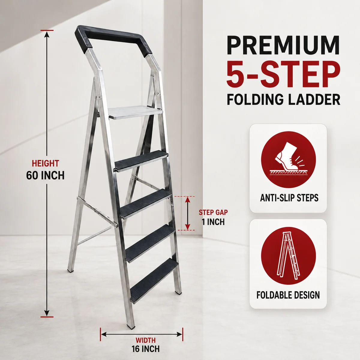 100% Stainless Steel Folding Ladder – 5 to 8 - Image 3