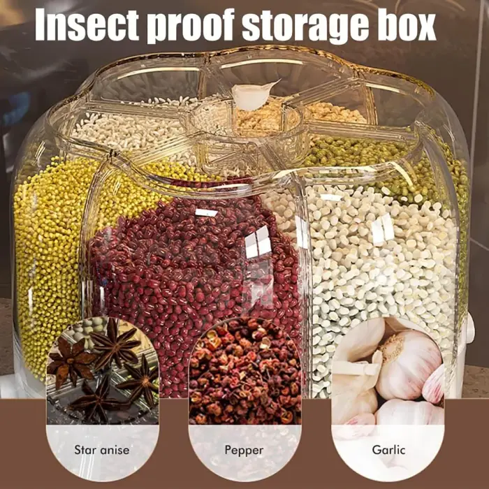 Rotating Rice Dispenser 6-Grids Rice Cereal Grains Storage Container 10 Liter - Image 3